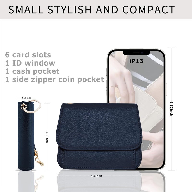Sunpour Women Small Wallet RFID Blocking Slim Wallet with Coin Pocket Tri-Fold Credit Card Holder with ID Window and Keychain(Navy Blue) - Image 2
